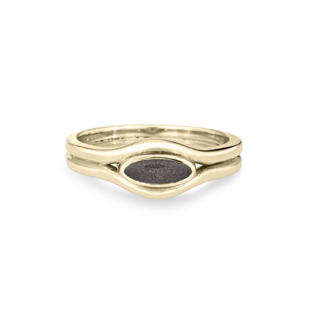 Front of the Double Band Oval Cremation Ring in 14K Yellow Gold against a solid white background.