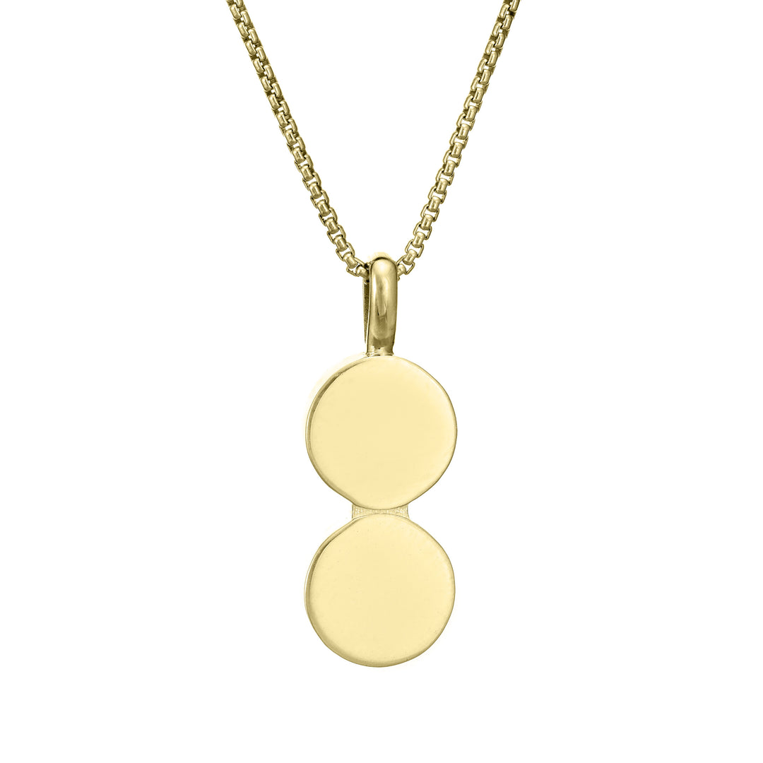 This photo shows close by me jewelry's Double Circle Cremation Necklace design in 14K Yellow Gold from the back