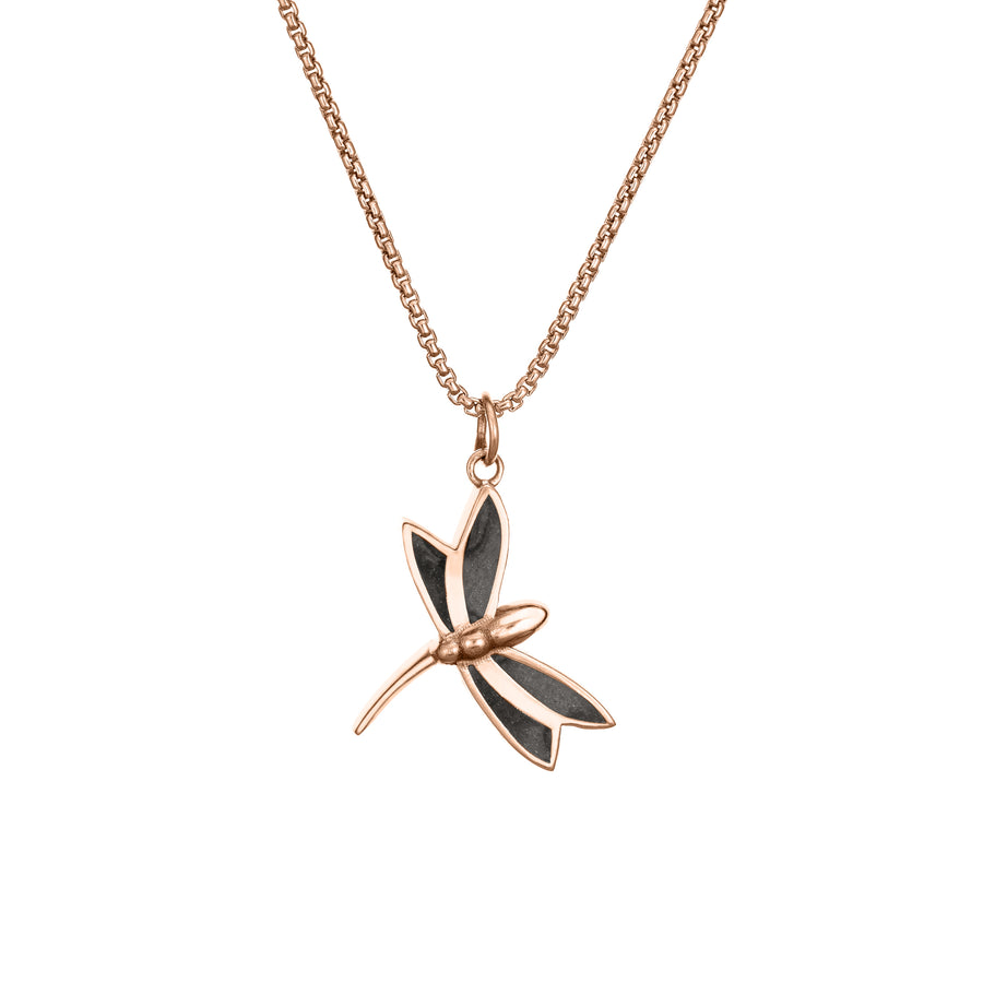 This photo shows the Dragonfly Ashes Pendant in 14K Rose Gold by close by me jewelry from the front