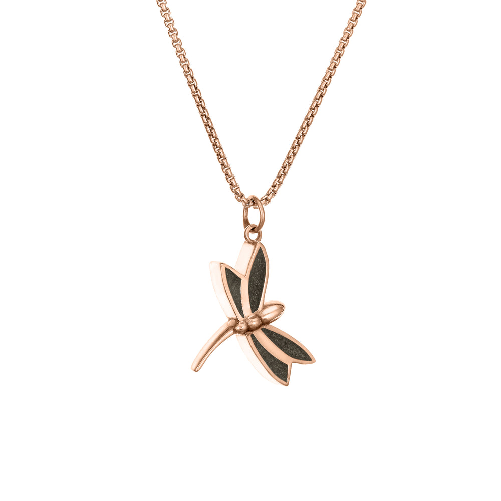 This photo shows the Dragonfly Ashes Pendant in 14K Rose Gold by close by me jewelry from the side