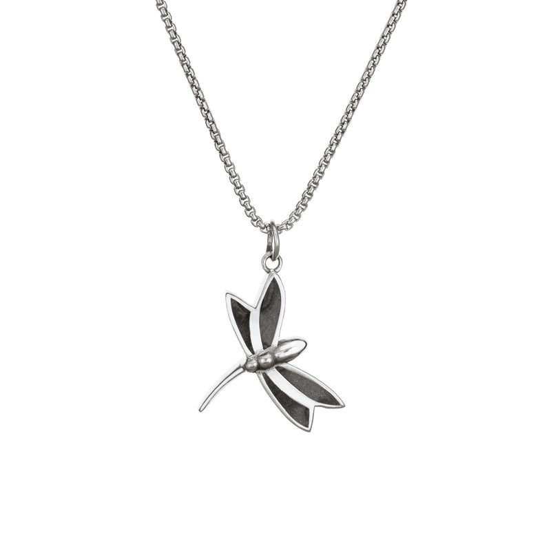 This photo shows the Dragonfly Cremains Pendant in Sterling Silver by close by me jewelry from the front