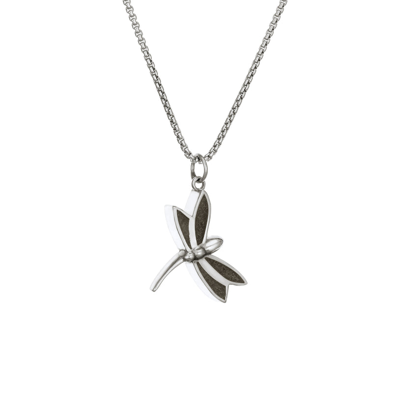 This photo shows the Dragonfly Cremains Pendant in Sterling Silver by close by me jewelry from the side