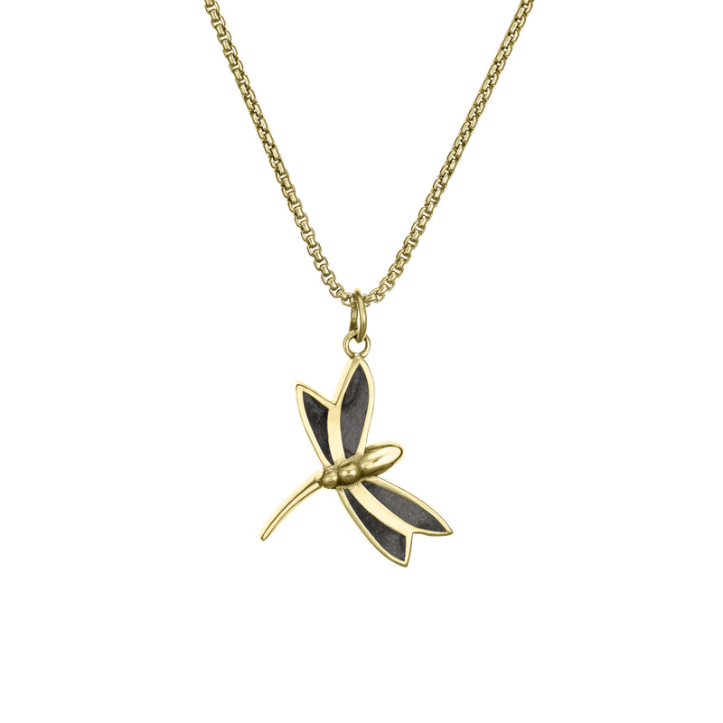 This photo shows the Dragonfly Ashes Pendant in 14K Yellow Gold by close by me jewelry from the front