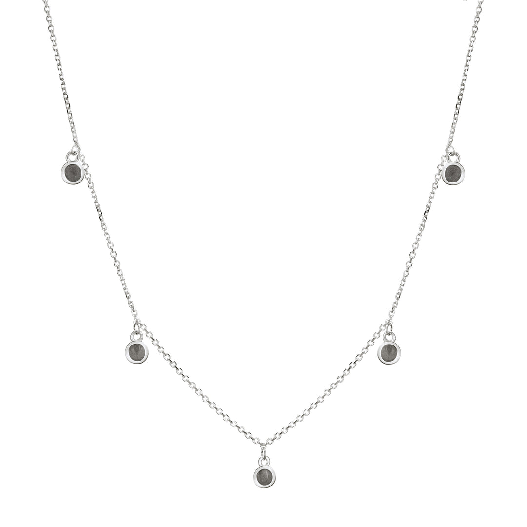 This photo shows close by me jewelry's Sterling Silver Drop Cremains Necklace with Five Ashes Components from the front