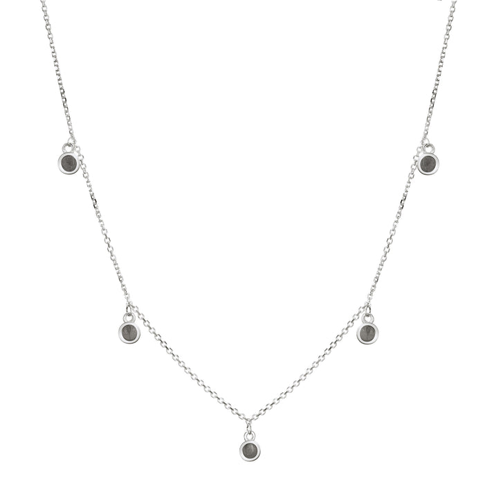 This photo shows close by me jewelry's Sterling Silver Drop Cremains Necklace with Five Ashes Components from the front