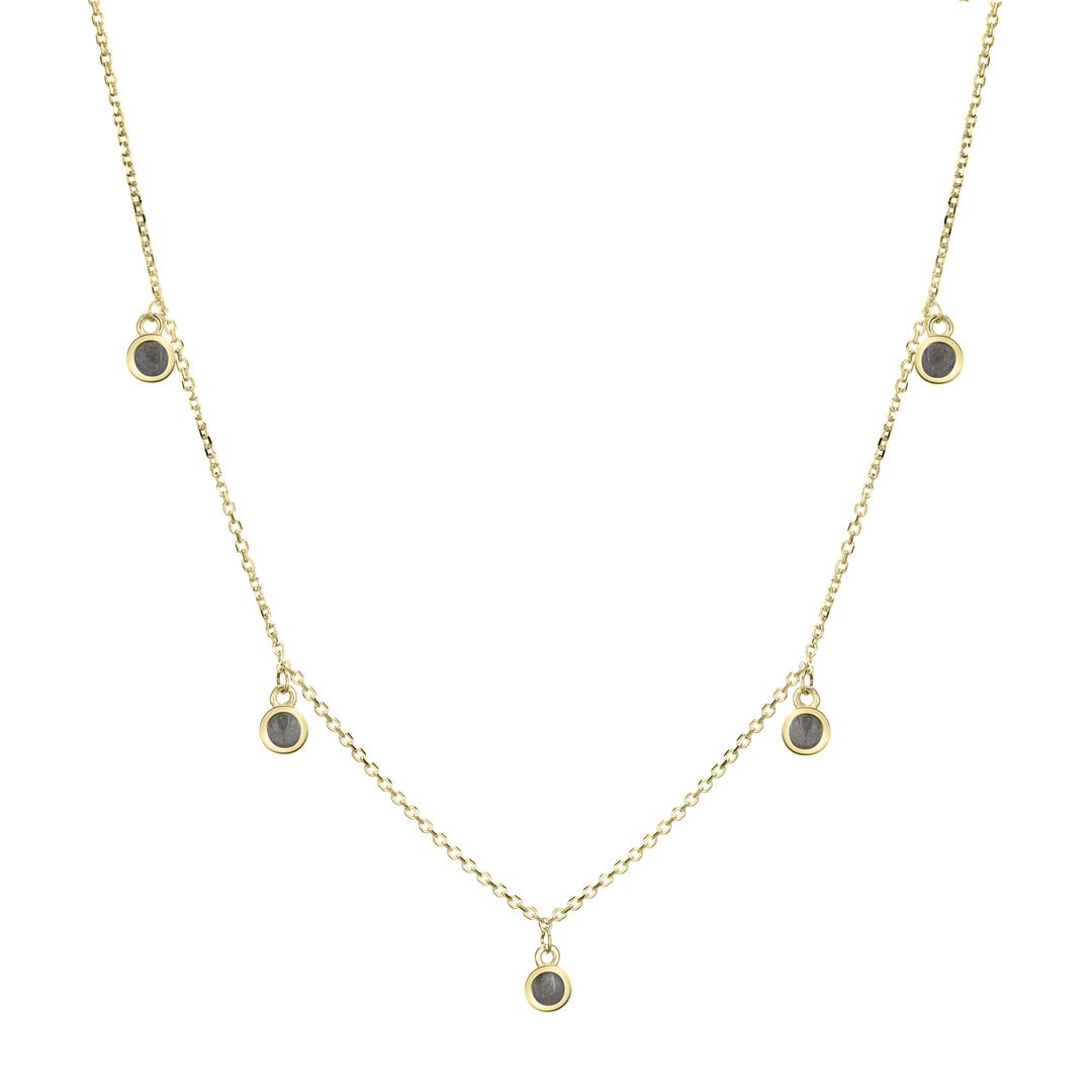This photo shows close by me jewelry's 14K Yellow Gold Drop Cremains Necklace with Five Ashes Components from the front
