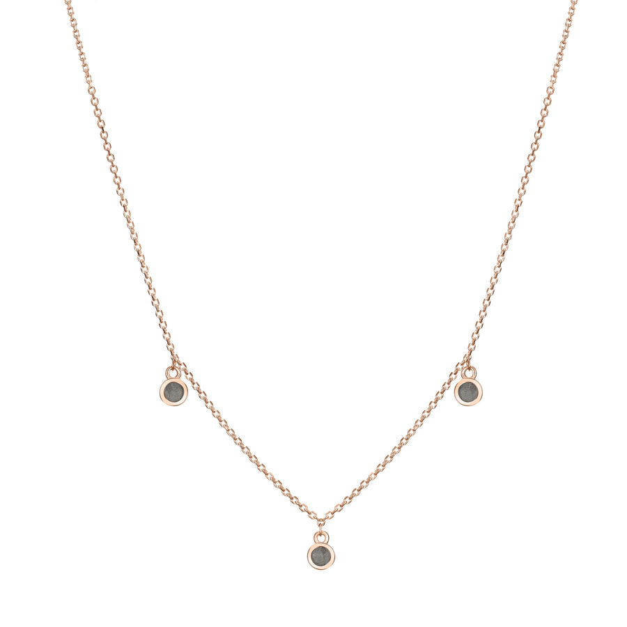 This photo shows close by me jewelry's 14K Rose Gold Drop Ashes Necklace with Three Cremains Components from the front
