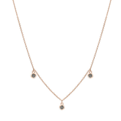 This photo shows close by me jewelry's 14K Rose Gold Drop Ashes Necklace with Three Cremains Components from the front