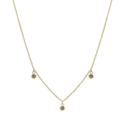 This photo shows close by me jewelry's 14K Yellow Gold Drop Ashes Necklace with Three Cremains Components from the front