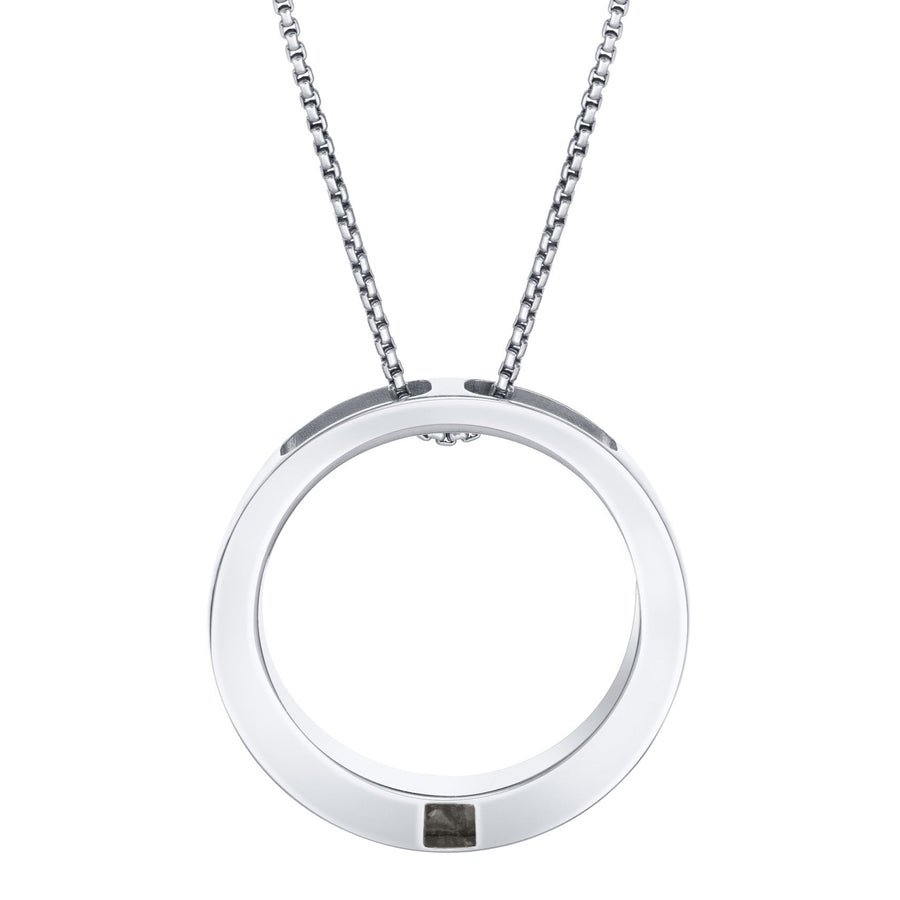 close by me's large open circle cremation pendant in 14k white gold hanging on a chain against a white background