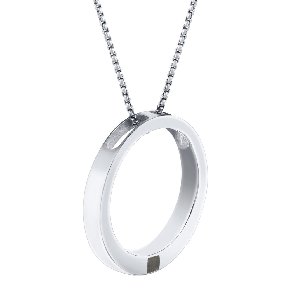 close by me's large open circle cremation pendant in 14k white gold hanging on a chain and tilted to the side against a white background