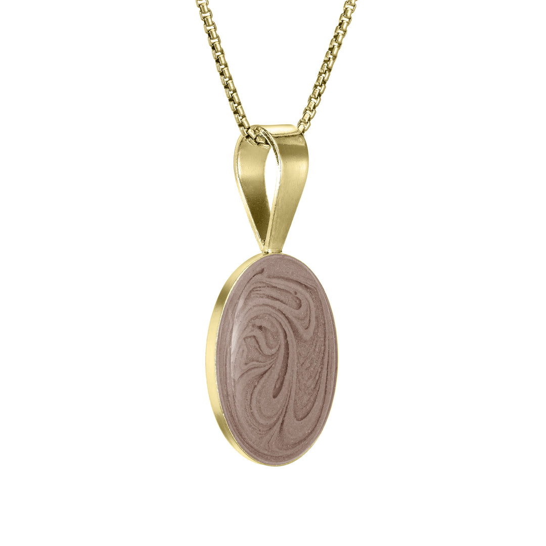 close by me jewelry's 14k yellow gold fancy bail oval ashes pendant from the side