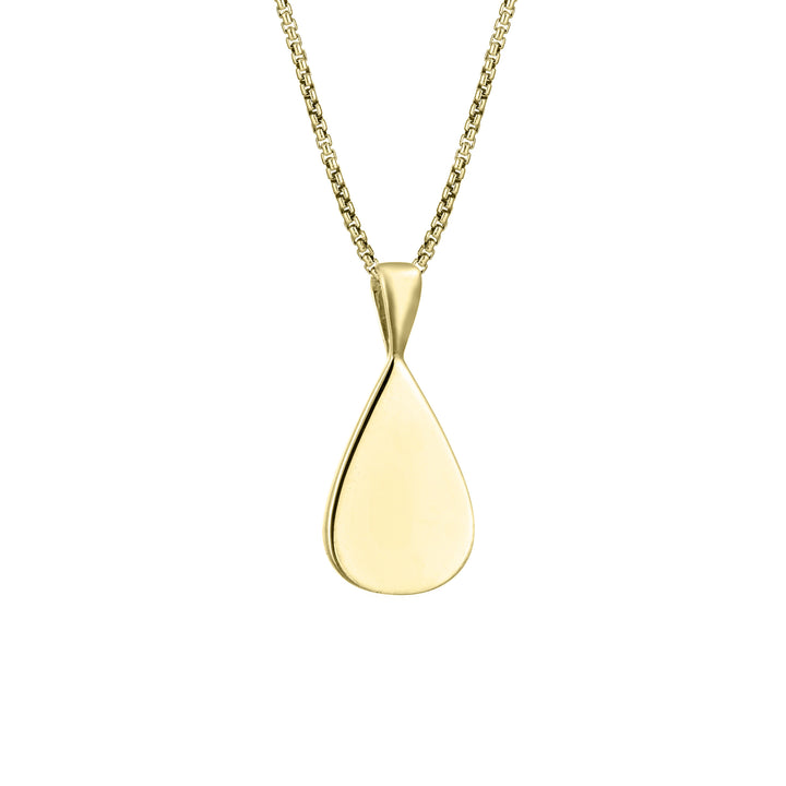 This photo shows the Fancy Bail Teardrop Cremation Pendant in 14K Yellow Gold designed and set with ashes by close by me jewelry from the back