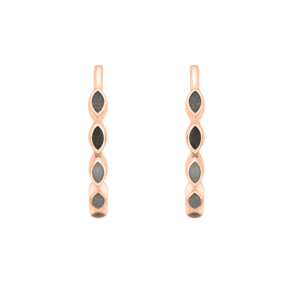 14k rose gold open hoop earrings with ashes in five marquise settings, front view only