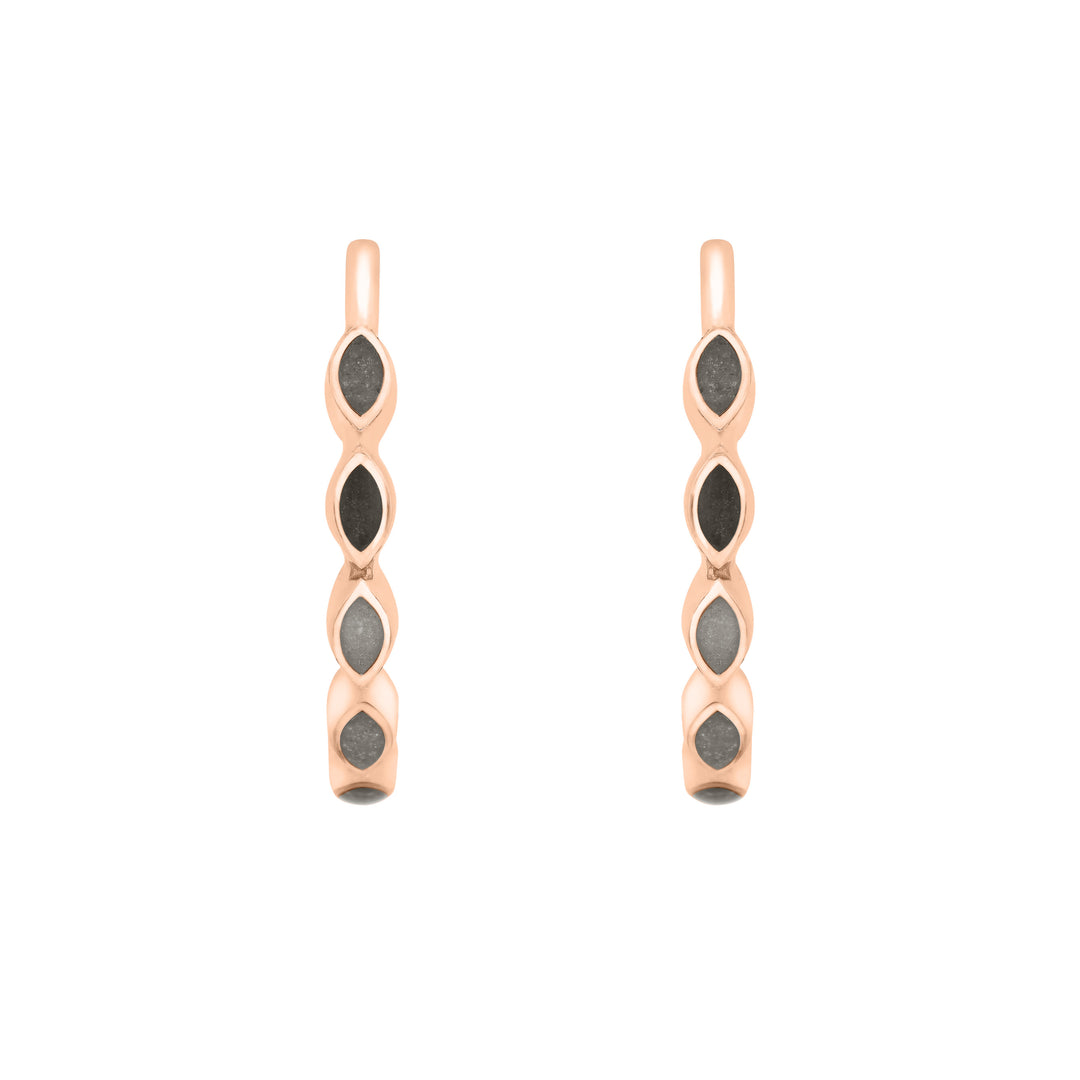 14k rose gold open hoop earrings with ashes in five marquise settings, front view only