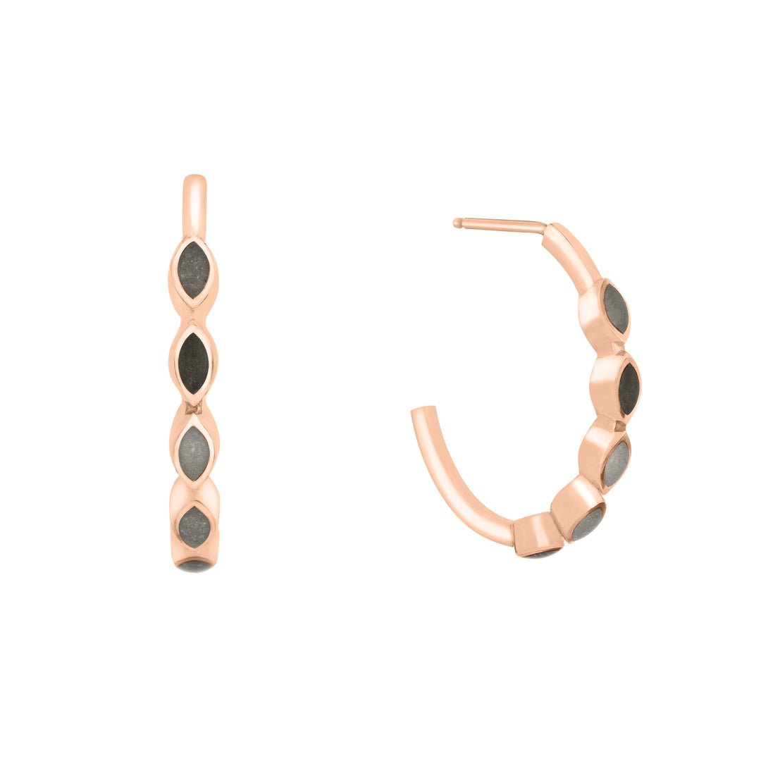 14k rose gold open hoop earrings with ashes in five marquise settings, front and side view