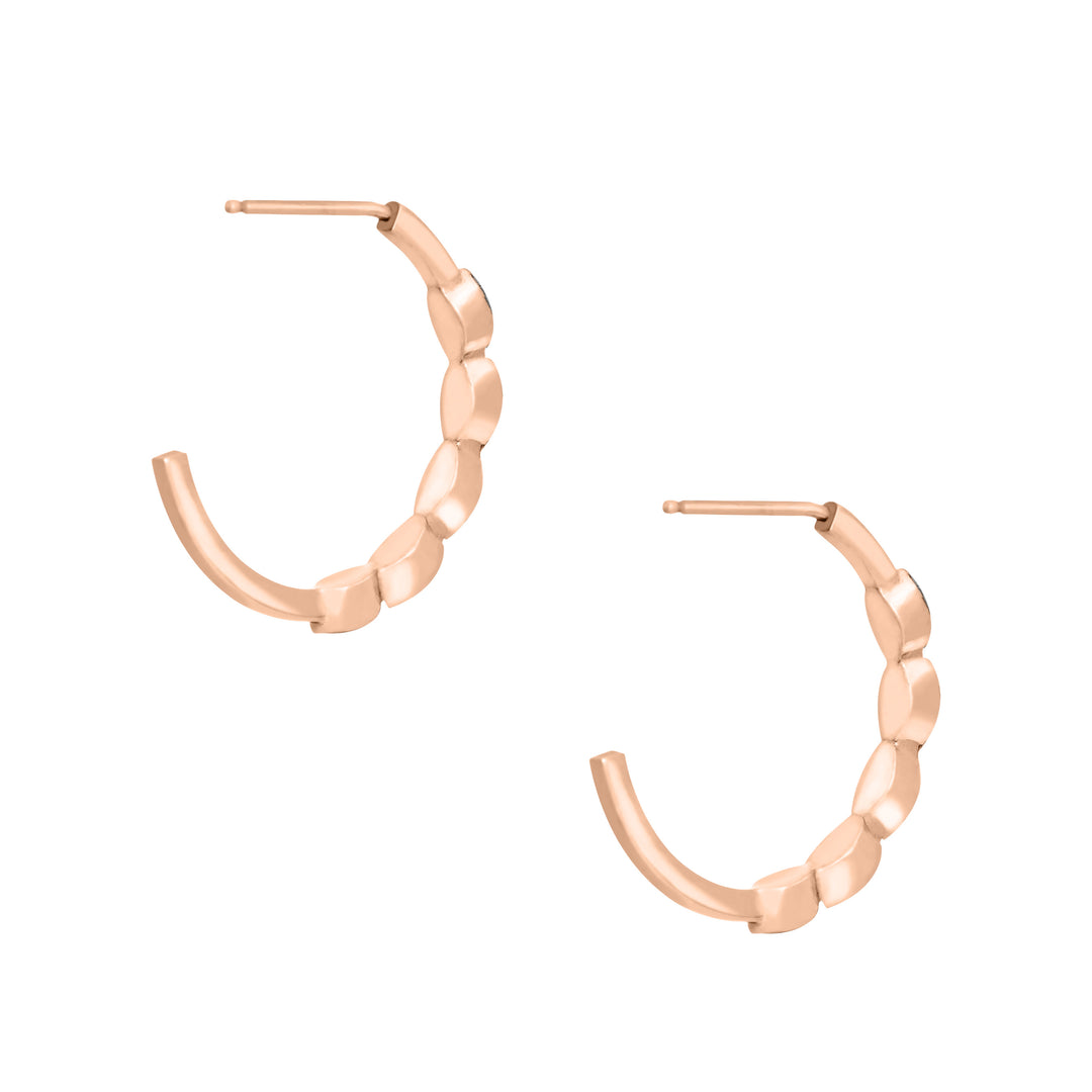 side and partial back view of close by me's 14k rose gold five setting open hoop cremation earrings