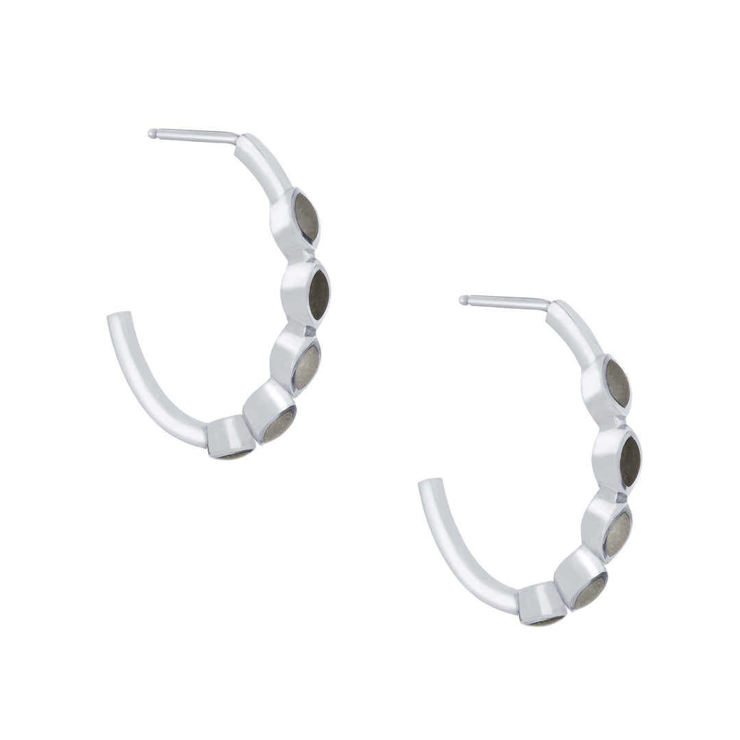 side and partial front view of close by me's 14k white gold five setting open hoop cremation earrings