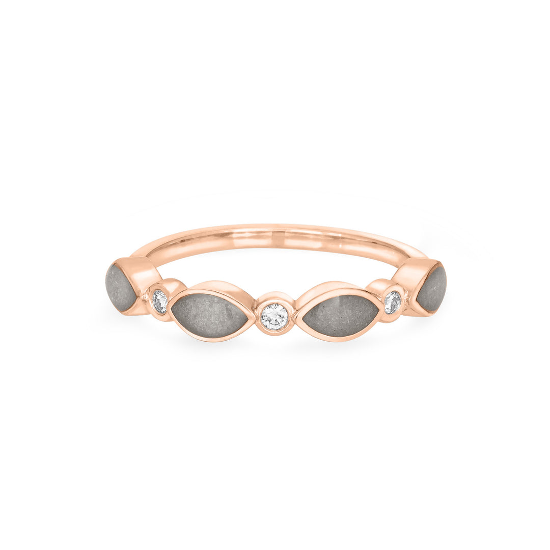 close by me's 14k rose gold cremation ring with four marquise-shaped ash settings and three diamonds