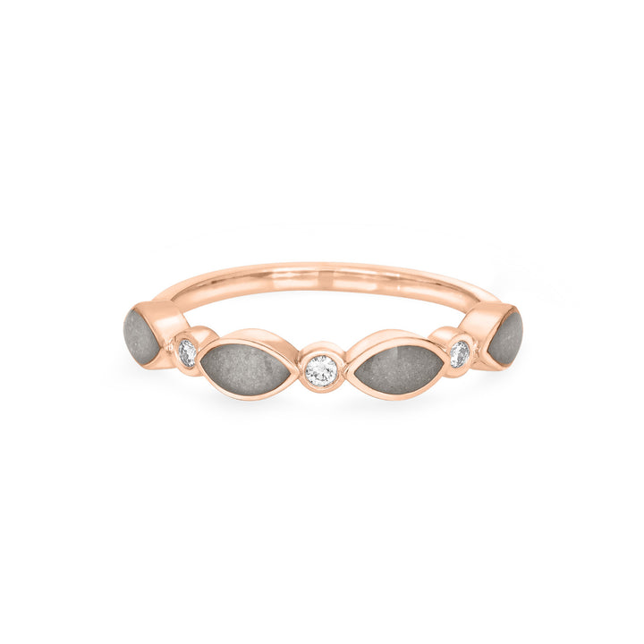 close by me's 14k rose gold cremation ring with four marquise-shaped ash settings and three diamonds