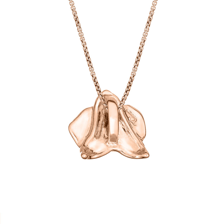 This photo shows the 14K Rose Gold Hand-Carved Orchid Ashes Pendant design by close by me jewelry from the back