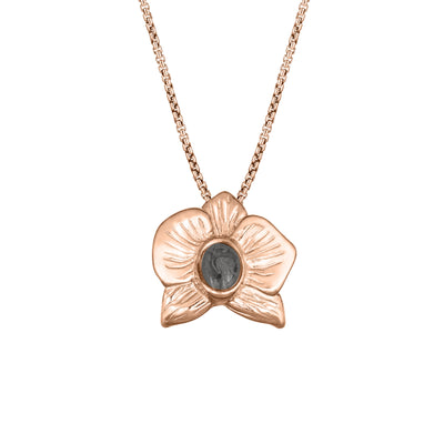 This photo shows the 14K Rose Gold Hand-Carved Orchid Ashes Pendant design by close by me jewelry from the front