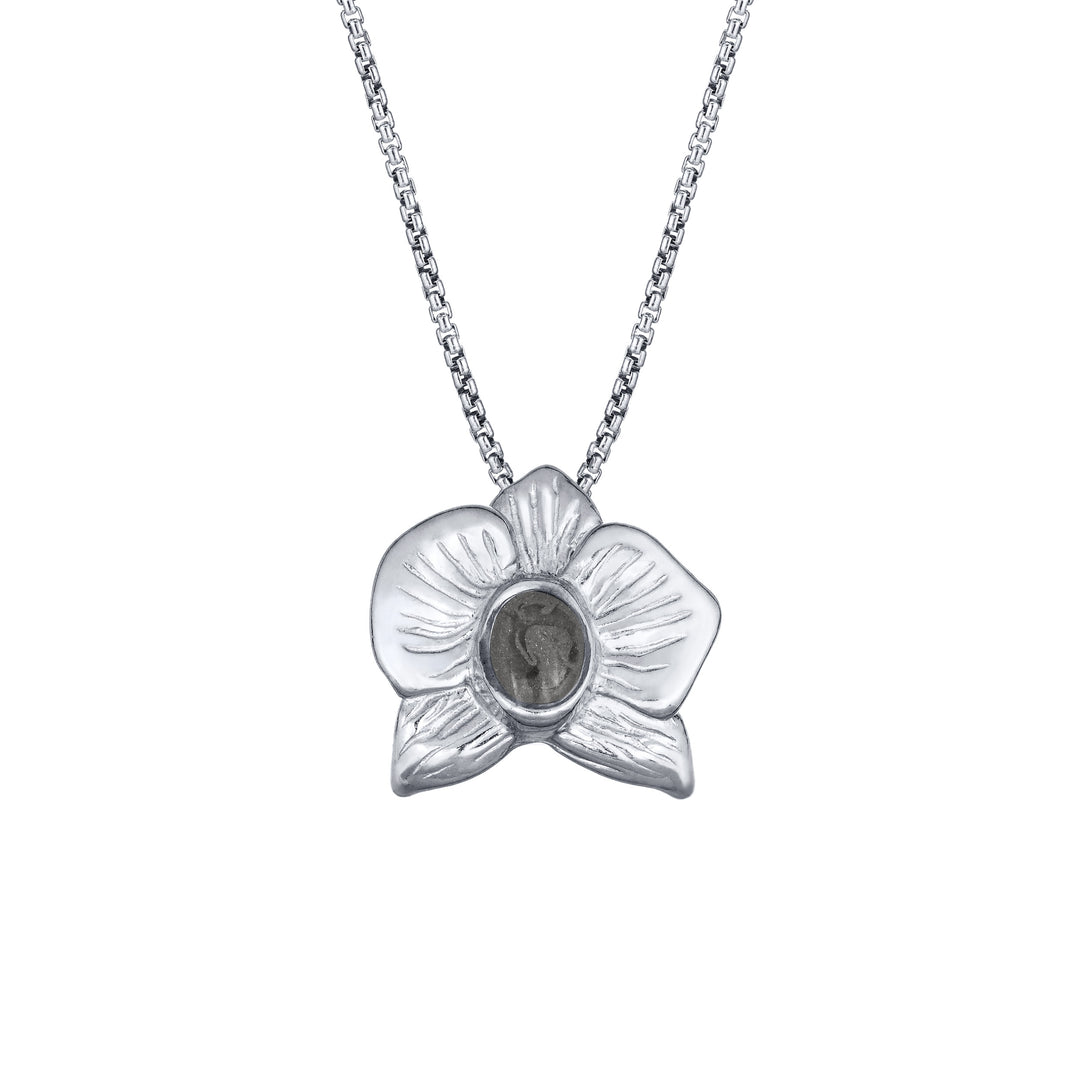 This photo shows the 14K White Gold Hand-Carved Orchid Cremains Pendant design by close by me jewelry from the front