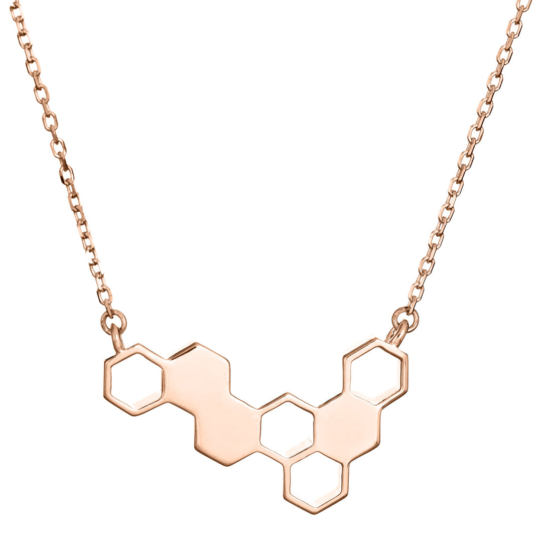 This photo shows the 14K Rose Gold Hexagon Ashes Cluster Necklace designed by close by me jewelry from the back