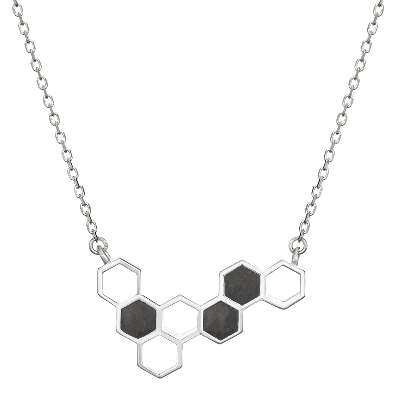 This photo shows the Sterling Silver Hexagon Cluster Cremation Necklace designed by close by me jewelry from the front