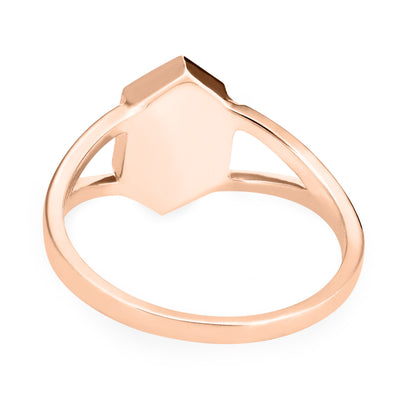 Close-up back view of Close By Me Jewelry's Hexagon Split Shank Cremation Ring in 14K Rose Gold against a solid white background.