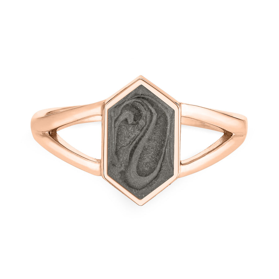 Close-up front view of Close By Me Jewelry's Hexagon Split Shank Cremation Ring in 14K Rose Gold against a solid white background.