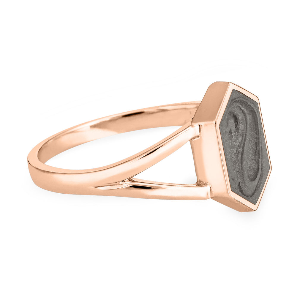 Close-up side view of Close By Me Jewelry's Hexagon Split Shank Cremation Ring in 14K Rose Gold against a solid white background.