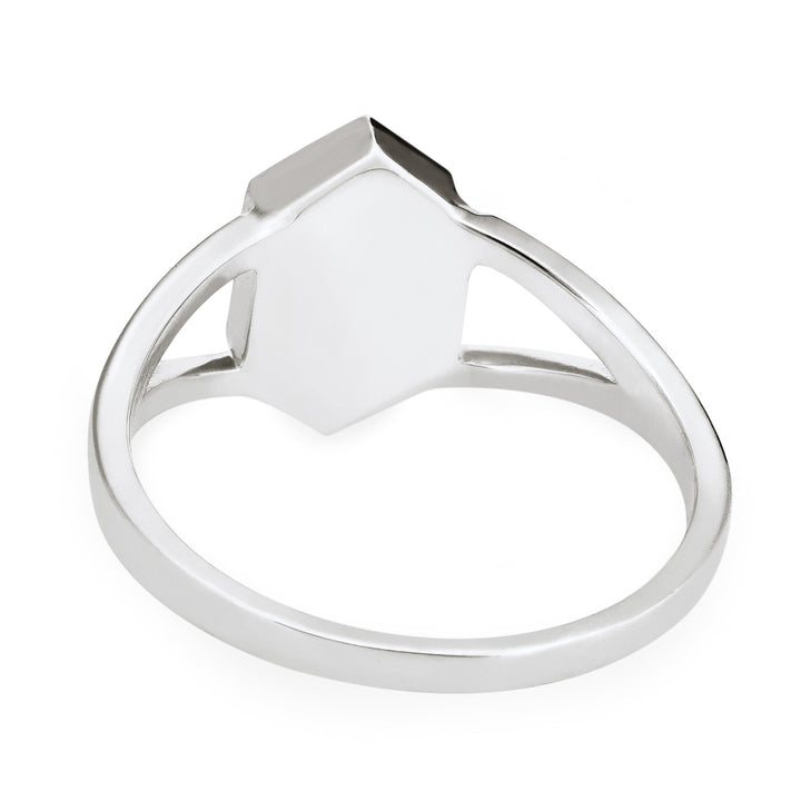 Close-up back view of Close By Me Jewelry's Hexagon Split Shank Cremation Ring in Sterling Silver against a solid white background.