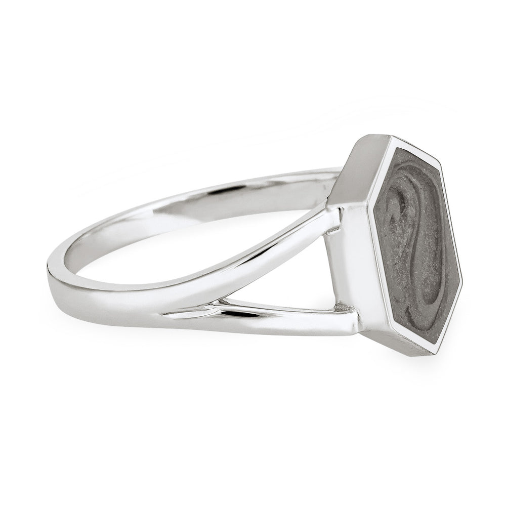 Close-up side view of Close By Me Jewelry's Hexagon Split Shank Cremation Ring in Sterling Silver against a solid white background.