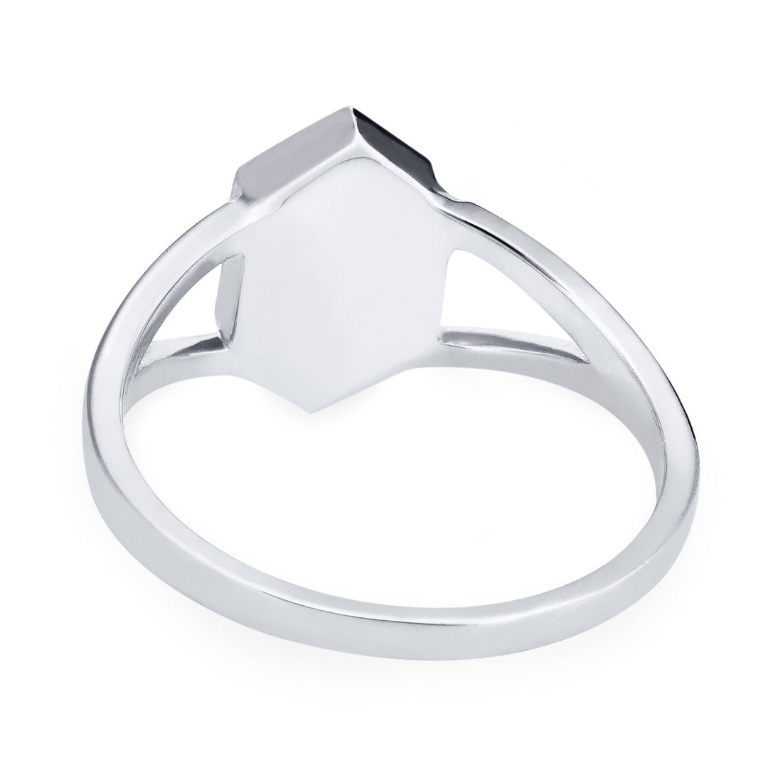 Close-up back view of Close By Me Jewelry's Hexagon Split Shank Cremation Ring in 14K White Gold against a solid white background.