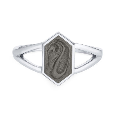 Close-up front view of Close By Me Jewelry's Hexagon Split Shank Cremation Ring in 14K White Gold against a solid white background.
