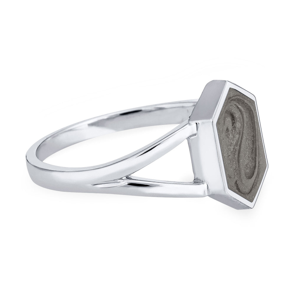 Close-up side view of Close By Me Jewelry's Hexagon Split Shank Cremation Ring in 14K White Gold against a solid white background.