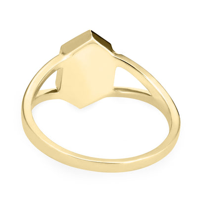 Close-up back view of Close By Me Jewelry's Hexagon Split Shank Cremation Ring in 14K Yellow Gold against a solid white background.