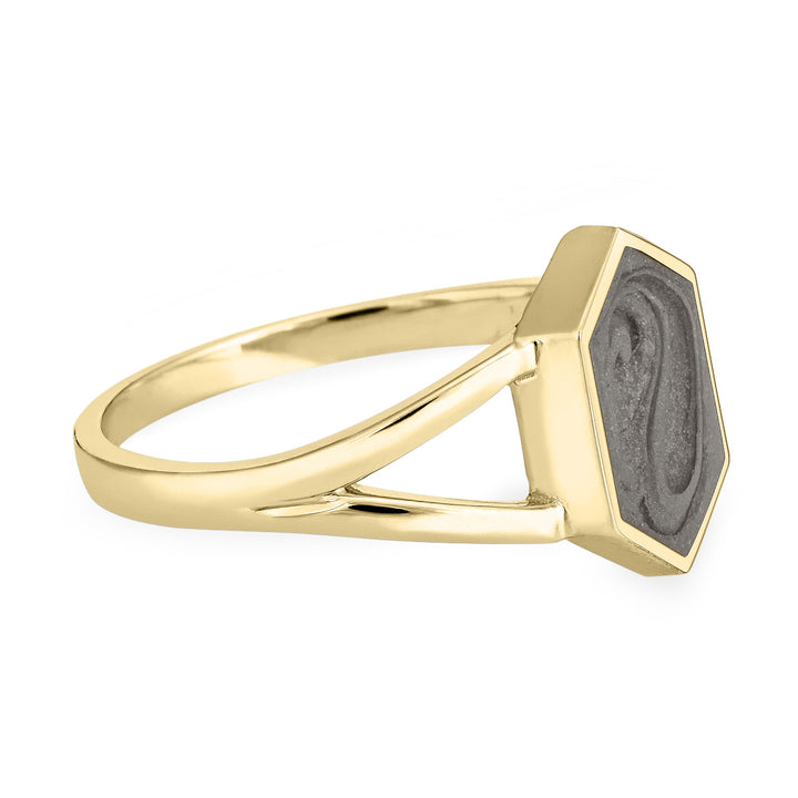 Close-up side view of Close By Me Jewelry's Hexagon Split Shank Cremation Ring in 14K Yellow Gold against a solid white background.