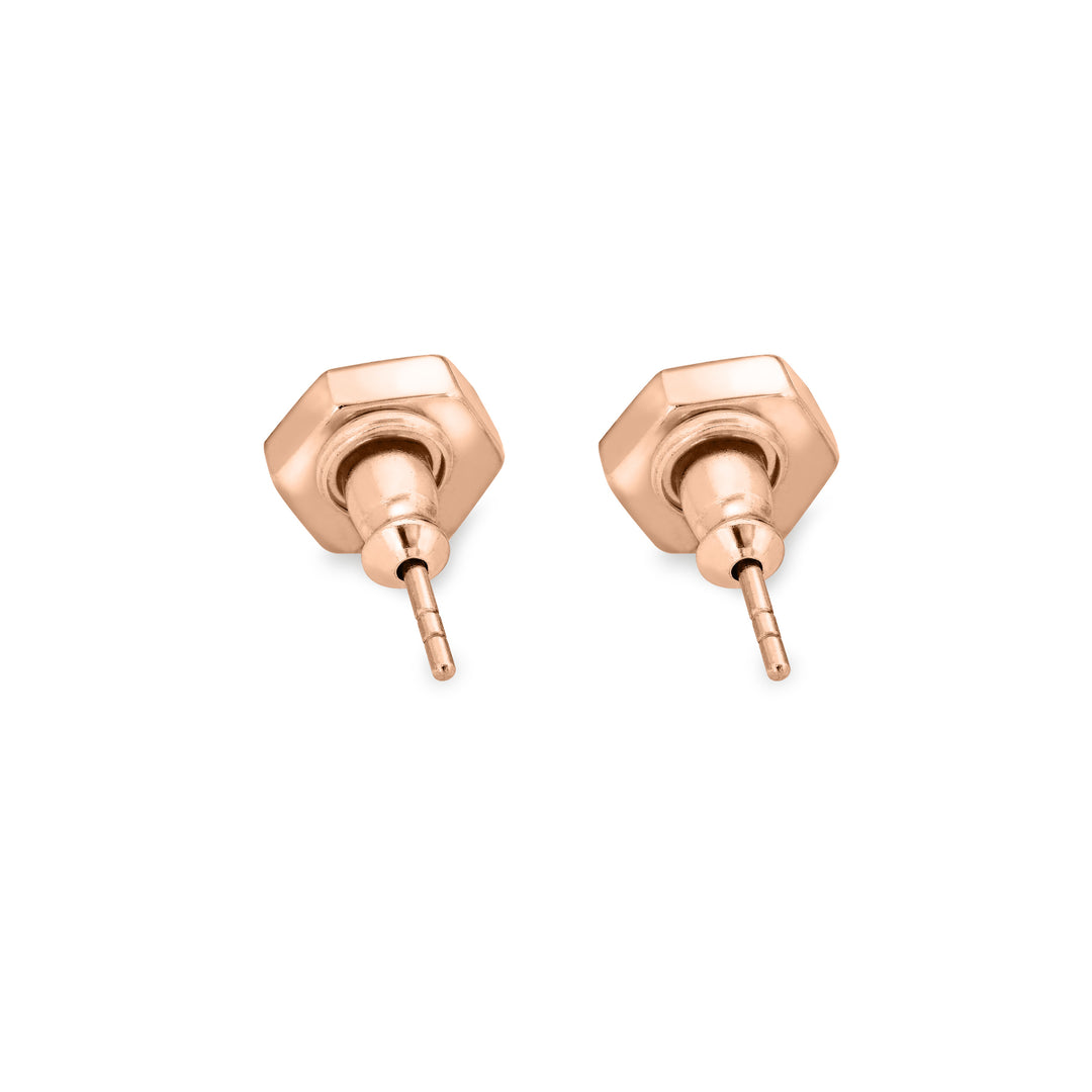 Hexagon stud cremation earrings in 14k rose gold shown from the back