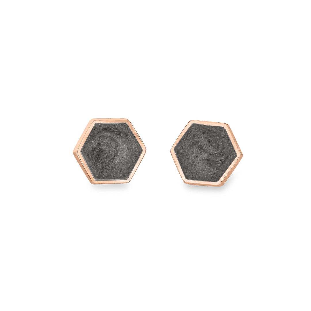 Hexagon stud cremation earrings in 14k rose gold shown from the front