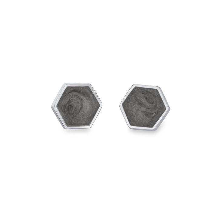 hexagon stud cremation earrings in 14k white gold shown from the front