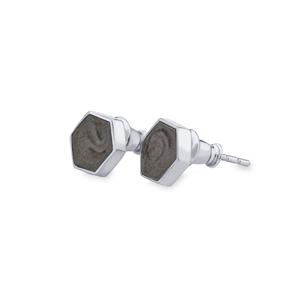 hexagon stud cremation earrings in 14k white gold shown from the side