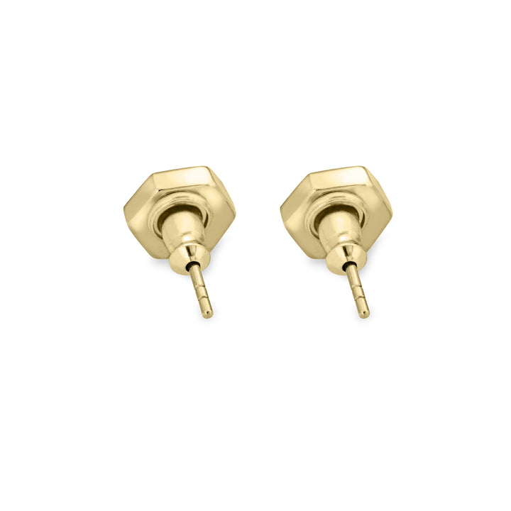 hexagon stud cremation earrings in 14k yellow gold shown from the back