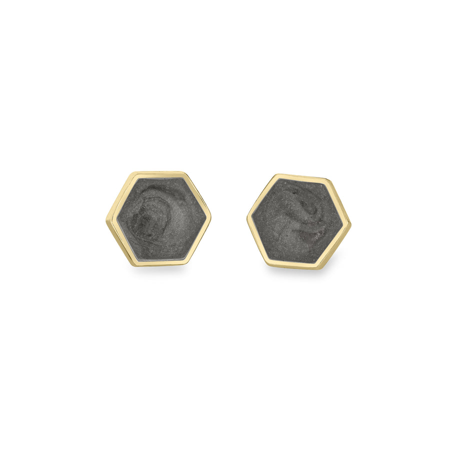 hexagon stud cremation earrings in 14k yellow gold shown from the front