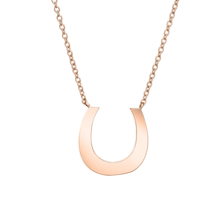 Close-up back view of Close By Me Jewelry's 14K Rose Gold Horseshoe Cremation Necklace set against a white background.