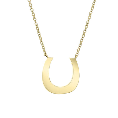 Close-up back view of Close By Me Jewelry's 14K Yellow Gold Horseshoe Cremation Necklace set against a white background.