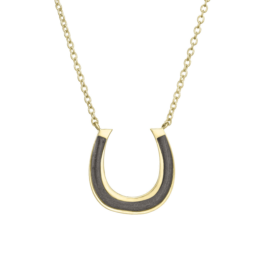 Close-up front view of Close By Me Jewelry's 14K Yellow Gold Horseshoe Cremation Necklace set against a white background.