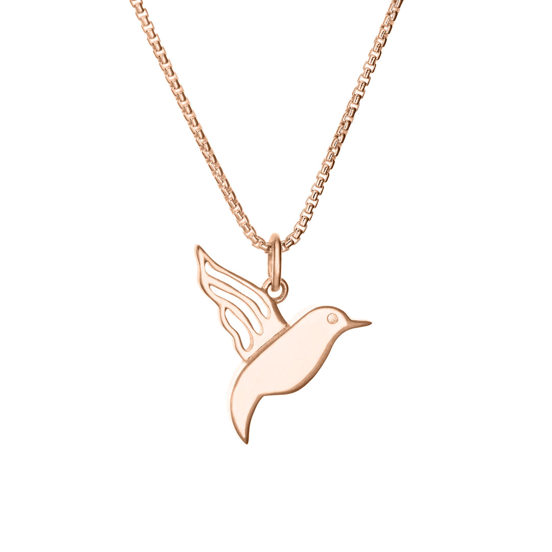 Close-up, back view of Close By Me's Hummingbird Cremation Necklace in 14K Rose Gold against a solid white background.