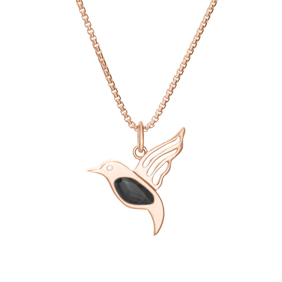 Close-up, front view of Close By Me's Hummingbird Cremation Necklace in 14K Rose Gold against a solid white background.